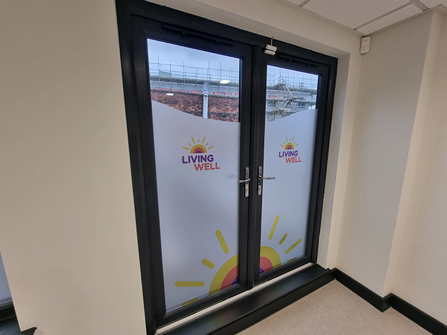 Photo showing window graphics